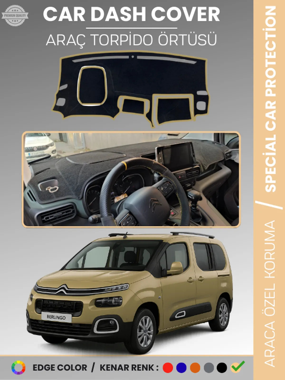 CITROEN BERLİNGO (2018-20025) Uyumlu Torpido Örtüsü Araca Özel Ön Göğüs Koruma