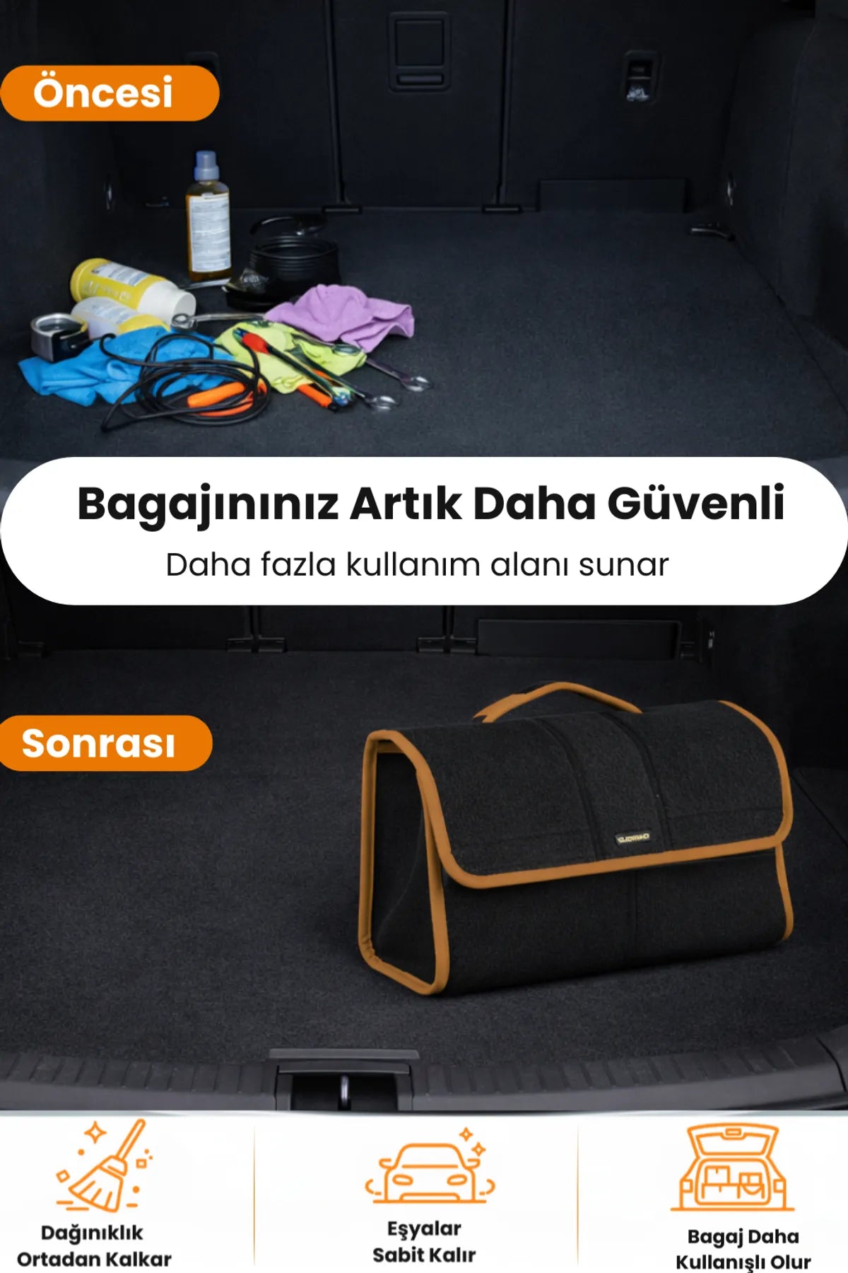 Oto Bagaj Çantası L Boy Kaymaz Cırt Bantlı Velur Kompakt Düzenleyici