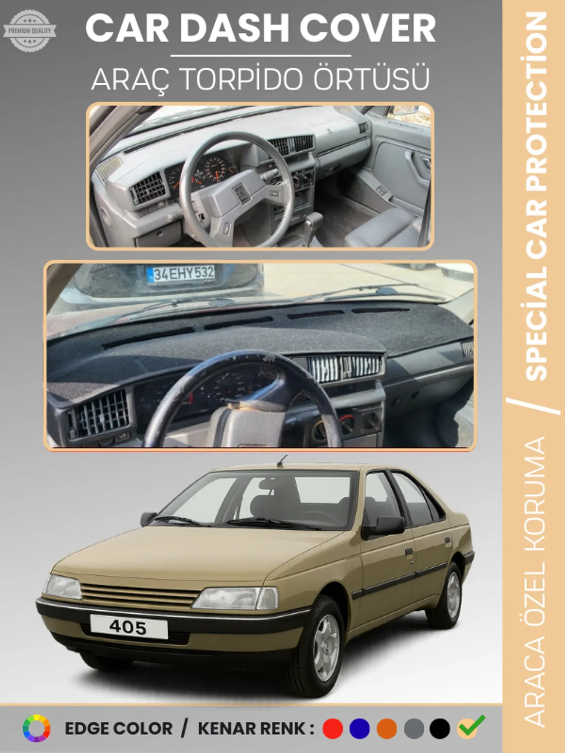 PEUGEOT 405 (1987-1992) Uyumlu Torpido Örtüsü Araca Özel Ön Göğüs Koruma