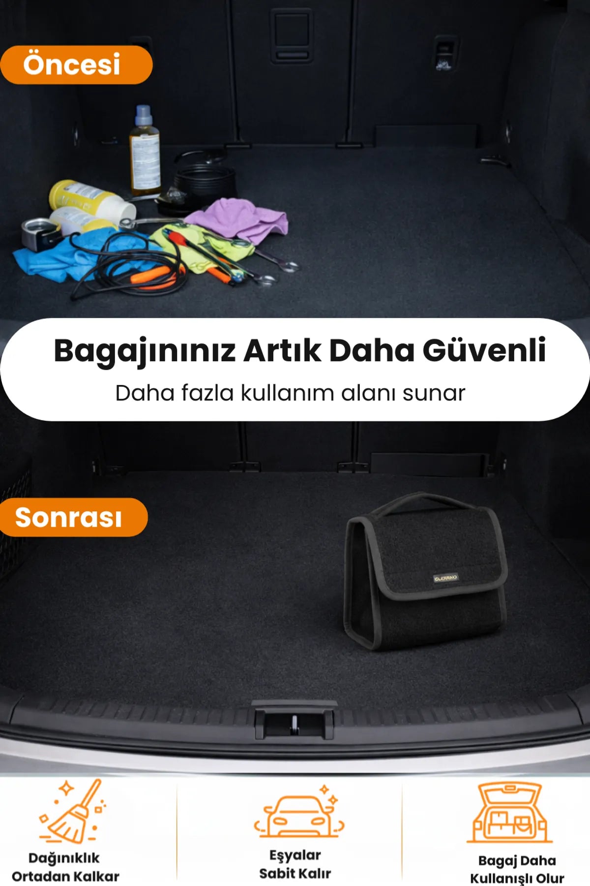 Oto Bagaj Çantası S Boy Kaymaz Cırt Bantlı Velur Kompakt Düzenleyici