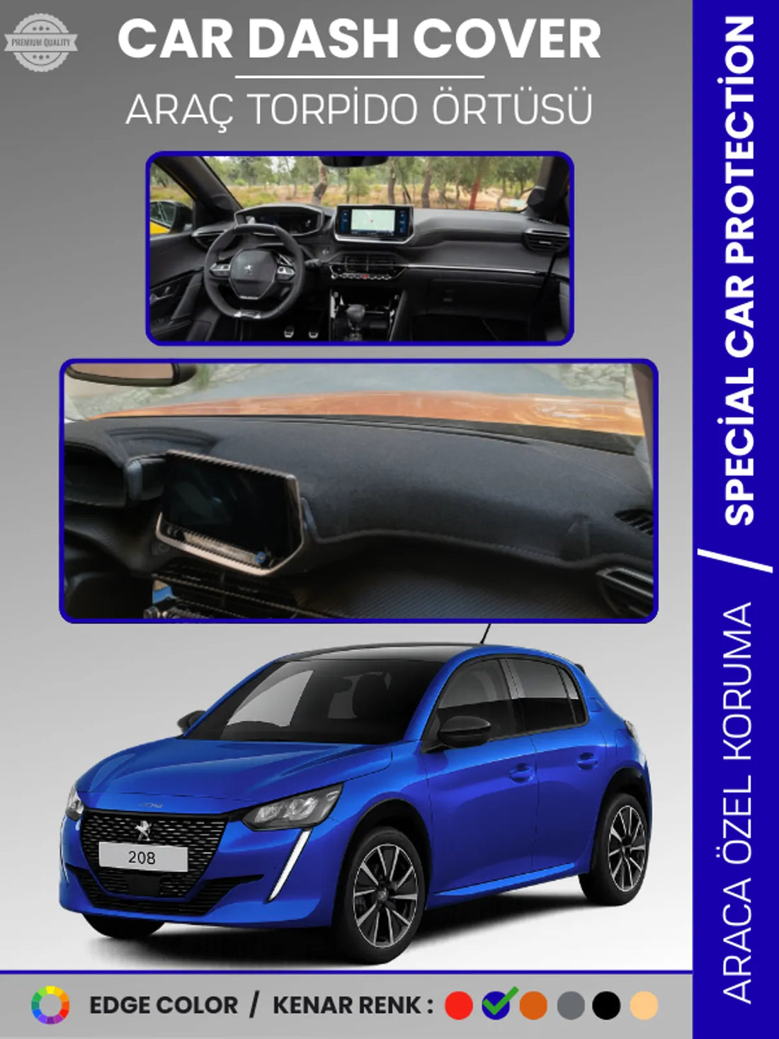 PEUGEOT 208 (2019-2025) Uyumlu Torpido Örtüsü Araca Özel Ön Göğüs Koruma