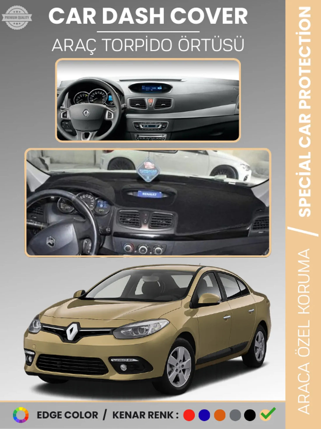 RENAULT FLUENCE NAVİGASYONSUZ KÜÇÜK EKRANLI (2009-2013) Uyumlu Torpido Örtüsü Araca Özel Ön Göğüs Koruma