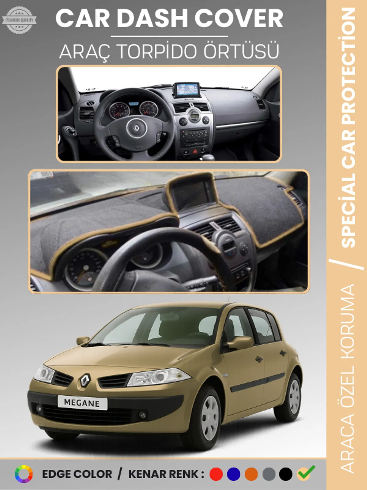 RENAULT MEGANE 2 NAVİGASYONLU BÜYÜK EKRAN (2003-2009) Uyumlu Torpido Örtüsü Araca Özel Ön Göğüs Koruma