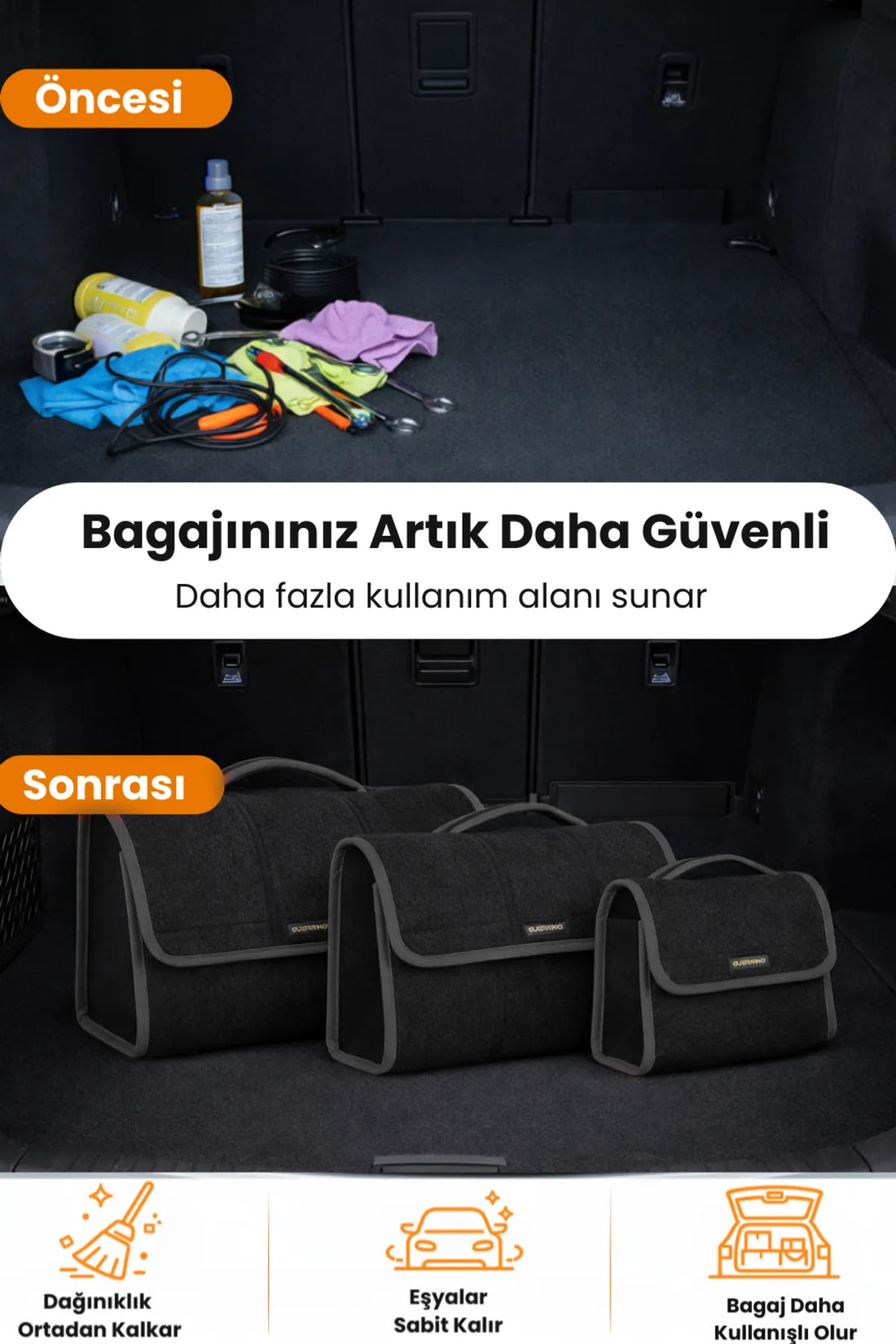 Oto Bagaj Çantası 3'lü Kombo Boy Kaymaz Cırt Bantlı Velur Kompakt Düzenleyici