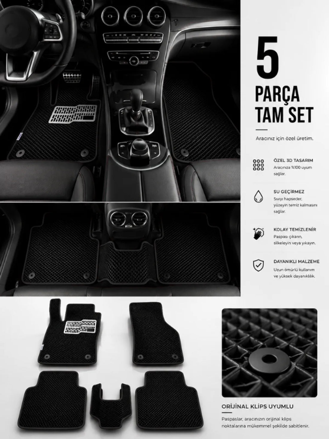 Mercedes Benz-C Serisi-W205 (2014-2021) Araca Özel EVA Oto Paspas Seti Topukluk Dahil Tam Set
