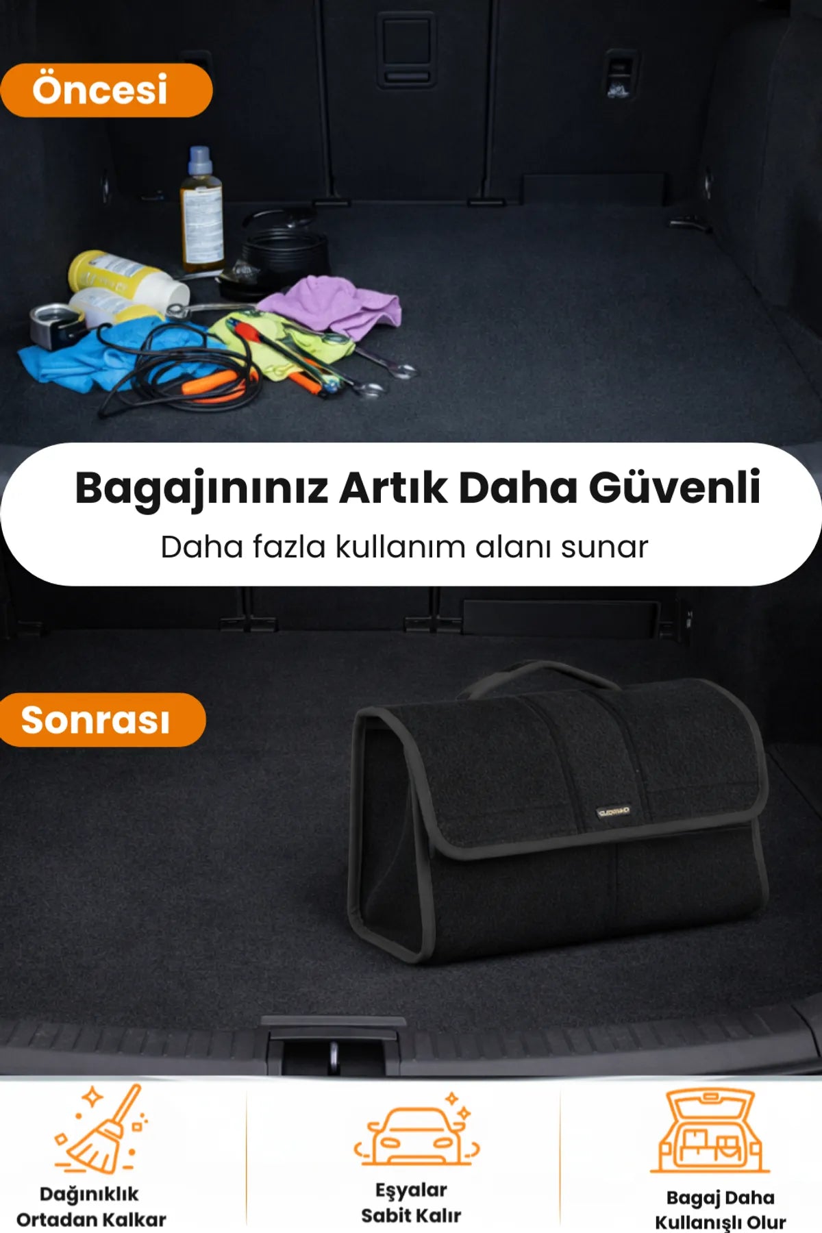 Oto Bagaj Çantası L Boy Kaymaz Cırt Bantlı Velur Kompakt Düzenleyici