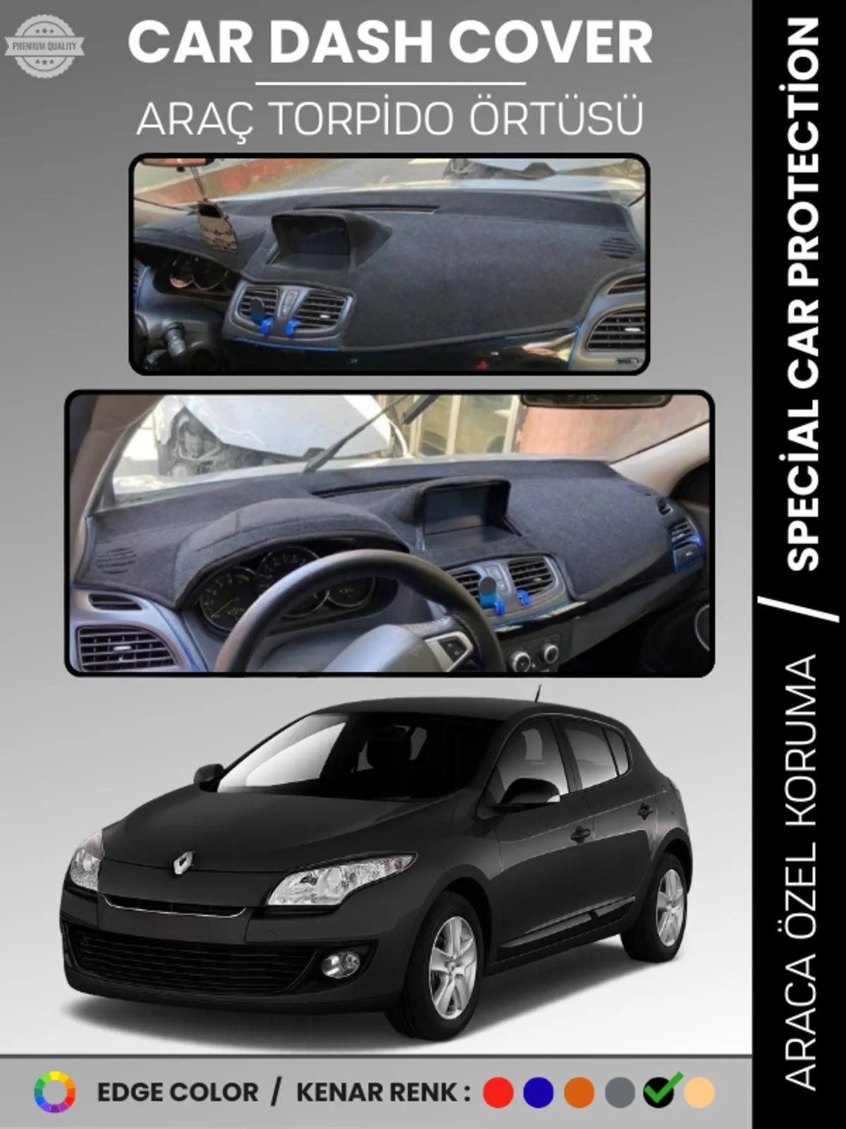 RENAULT MEGANE 3 NAVİGASYONLU BUYUK EKRANLI (2008-2015) Uyumlu Torpido Örtüsü Araca Özel Ön Göğüs Koruma