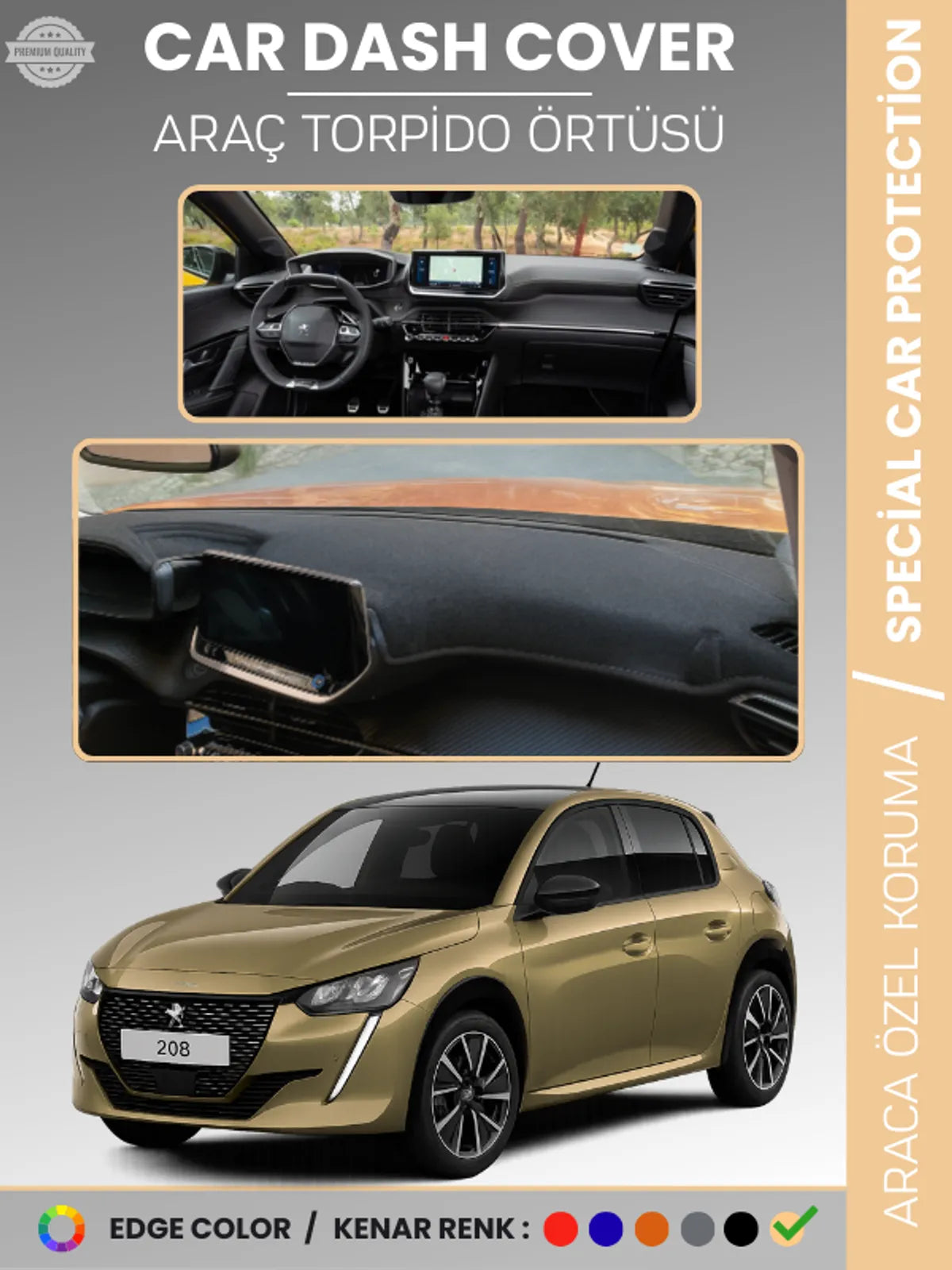PEUGEOT 208 (2019-2025) Uyumlu Torpido Örtüsü Araca Özel Ön Göğüs Koruma