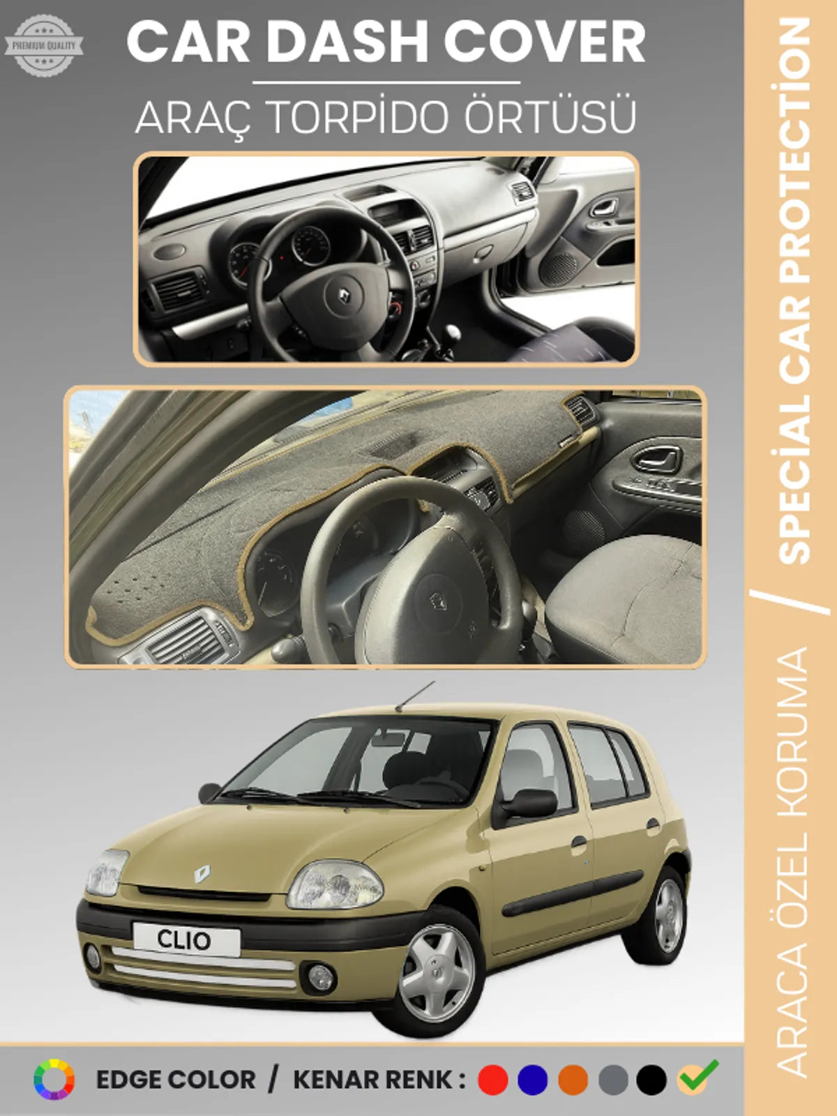 RENAULT CLIO 2 EKRANLI + ÇUKURLU (2001-2012) Uyumlu Torpido Örtüsü Araca Özel Ön Göğüs Koruma