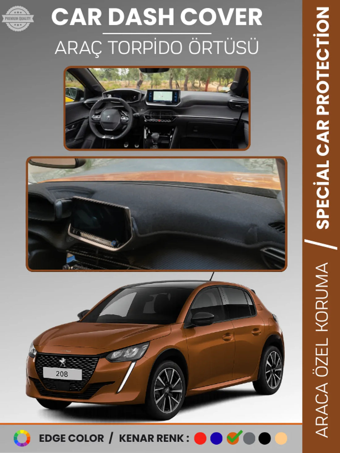 PEUGEOT 208 (2019-2025) Uyumlu Torpido Örtüsü Araca Özel Ön Göğüs Koruma