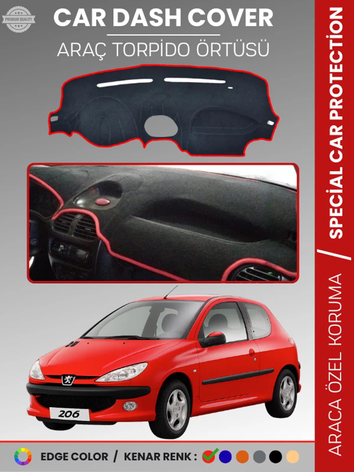 PEUGEOT 206 KÜÇÜK EKRAN (1998-2003) Uyumlu Torpido Örtüsü Araca Özel Ön Göğüs Koruma