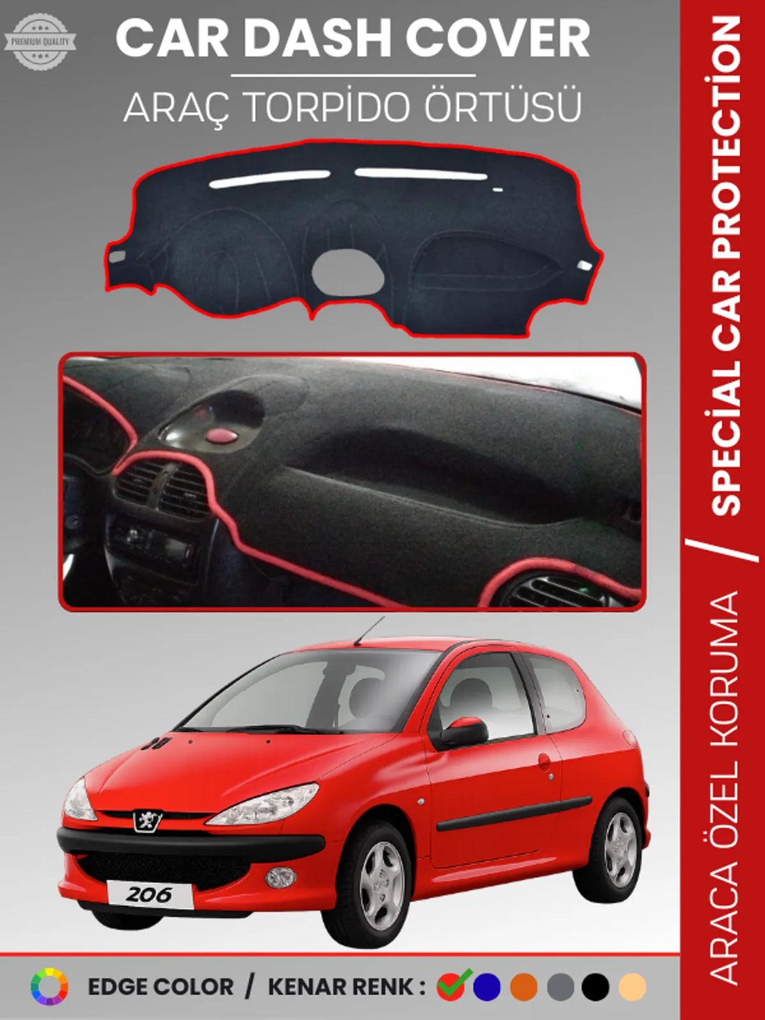 PEUGEOT 206 KÜÇÜK EKRAN (1998-2003) Uyumlu Torpido Örtüsü Araca Özel Ön Göğüs Koruma