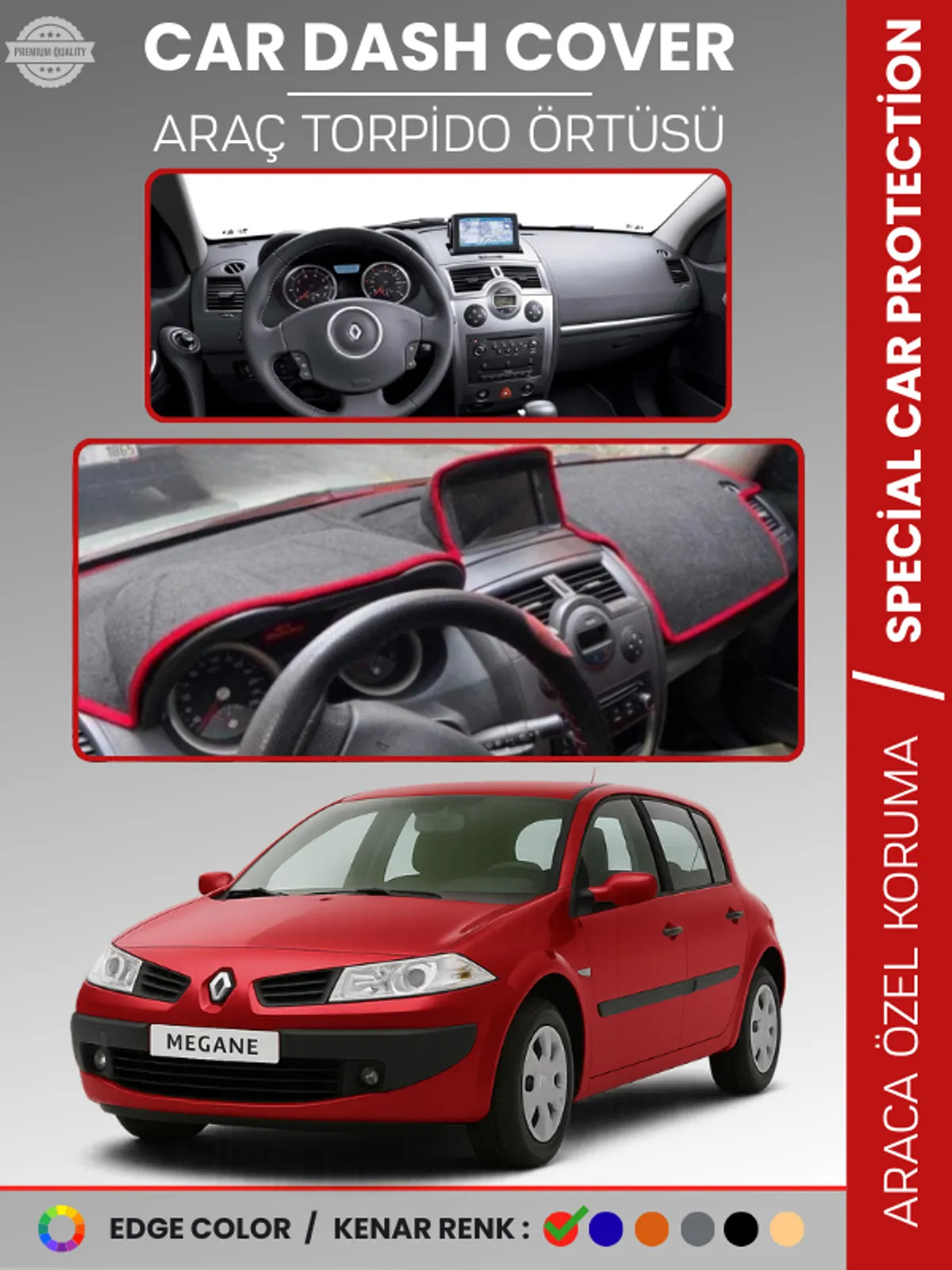 RENAULT MEGANE 2 NAVİGASYONLU BÜYÜK EKRAN (2003-2009) Uyumlu Torpido Örtüsü Araca Özel Ön Göğüs Koruma