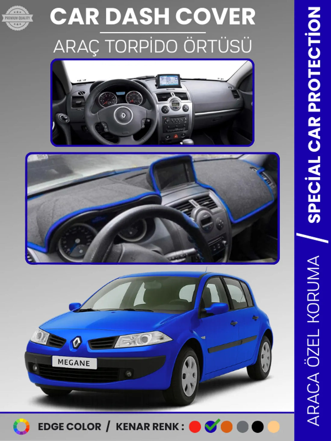 RENAULT MEGANE 2 NAVİGASYONLU BÜYÜK EKRAN (2003-2009) Uyumlu Torpido Örtüsü Araca Özel Ön Göğüs Koruma