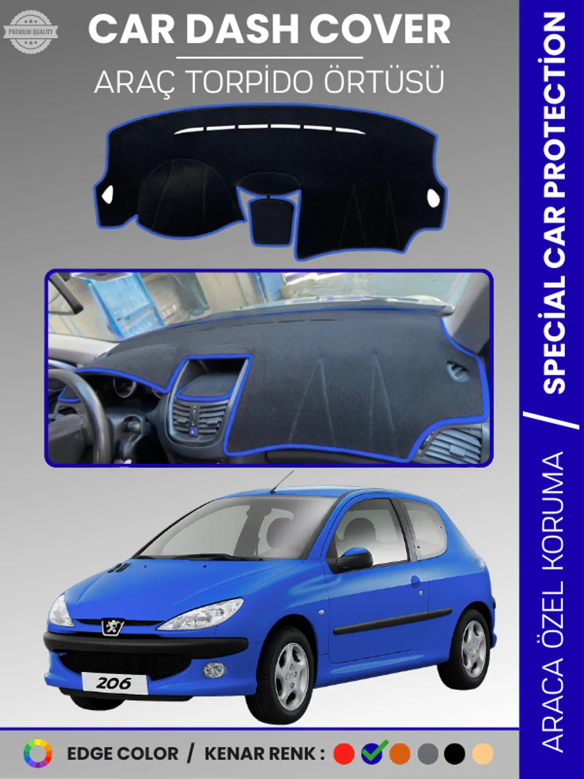 PEUGEOT 206 MAKYAJLI KASA (2003-2009) Uyumlu Torpido Örtüsü Araca Özel Ön Göğüs Koruma