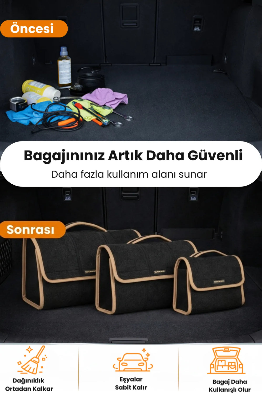 Oto Bagaj Çantası 3'lü Kombo Boy Kaymaz Cırt Bantlı Velur Kompakt Düzenleyici