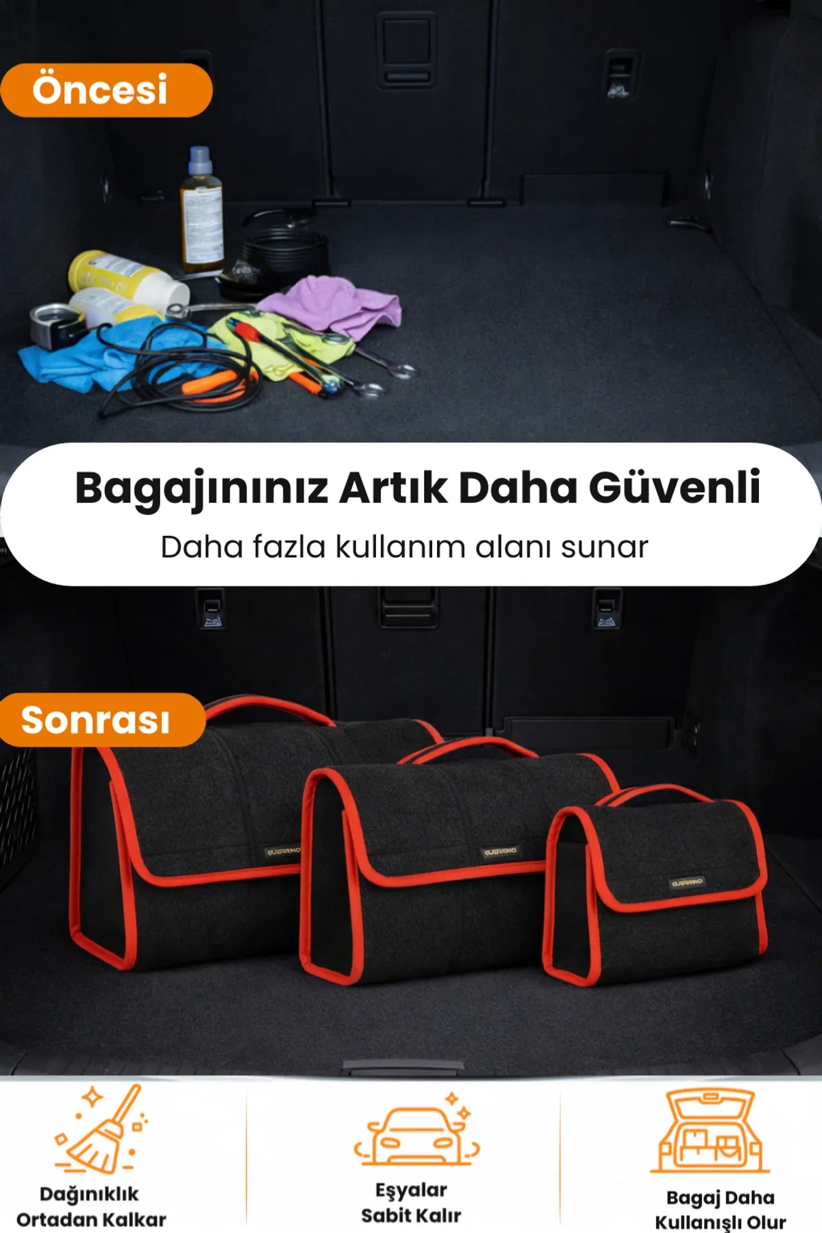 Oto Bagaj Çantası 3'lü Kombo Boy Kaymaz Cırt Bantlı Velur Kompakt Düzenleyici