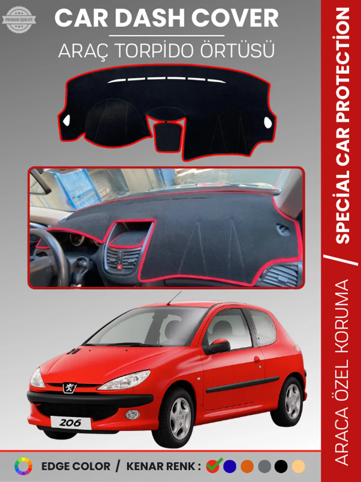 PEUGEOT 206 MAKYAJLI KASA (2003-2009) Uyumlu Torpido Örtüsü Araca Özel Ön Göğüs Koruma