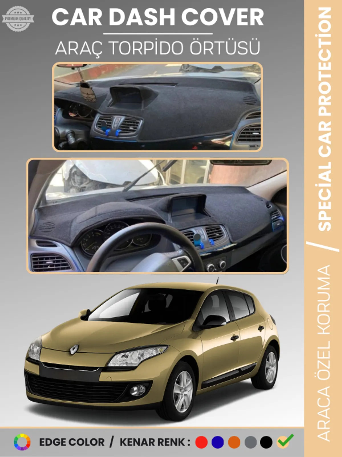 RENAULT MEGANE 3 NAVİGASYONLU BUYUK EKRANLI (2008-2015) Uyumlu Torpido Örtüsü Araca Özel Ön Göğüs Koruma