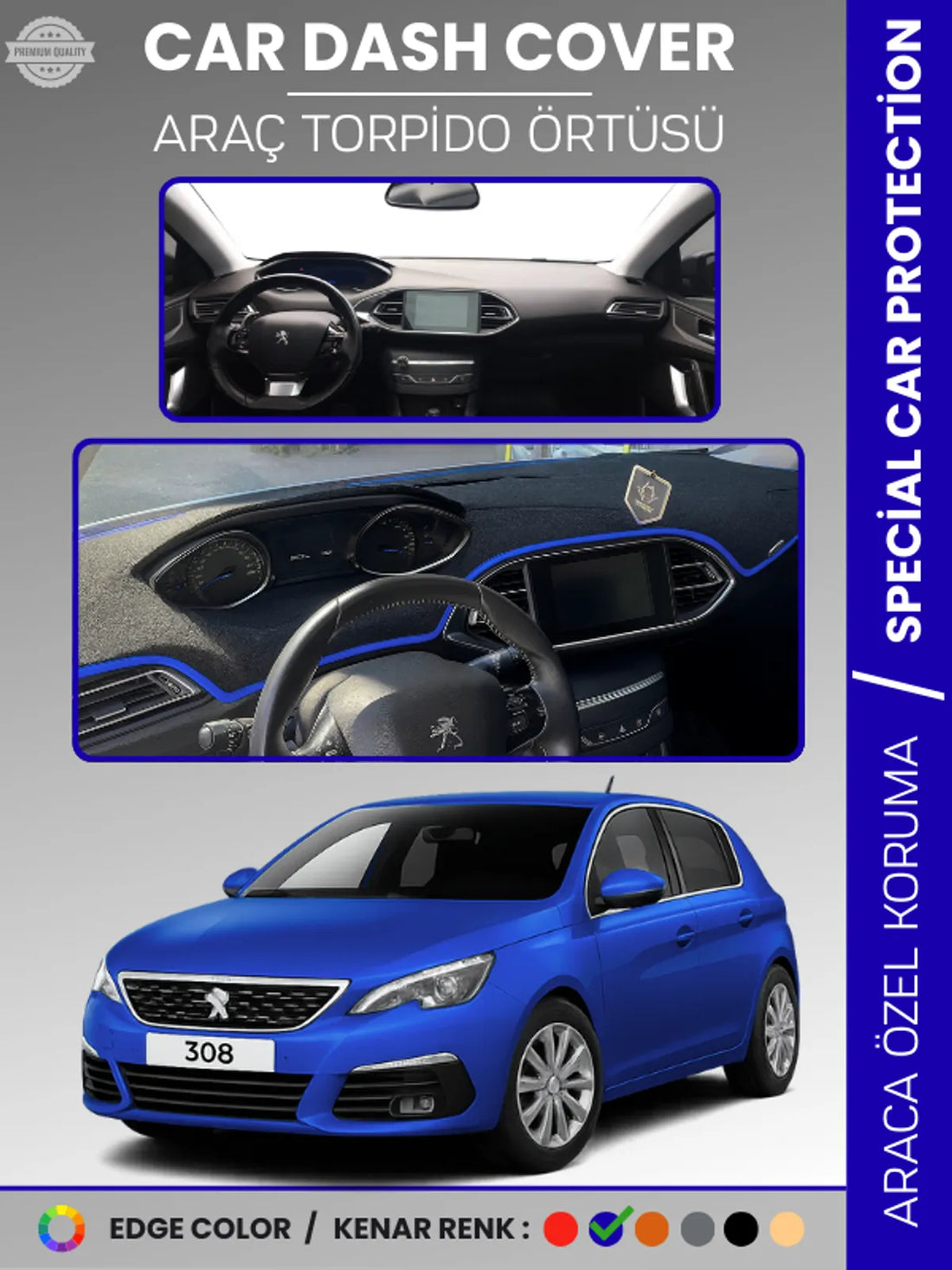 PEUGEOT 308 (2020+) Uyumlu Torpido Örtüsü Araca Özel Ön Göğüs Koruma