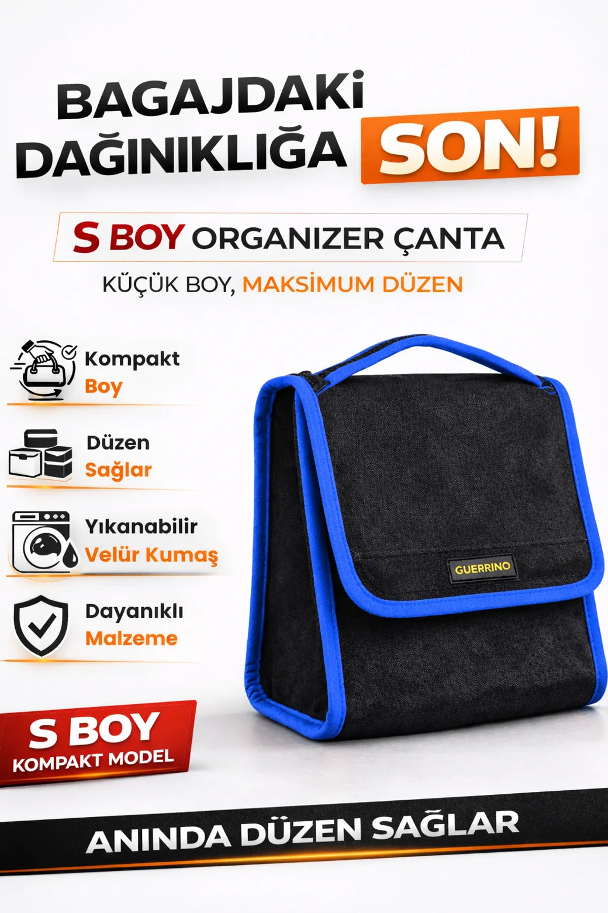 Oto Bagaj Çantası S Boy Kaymaz Cırt Bantlı Velur Kompakt Düzenleyici