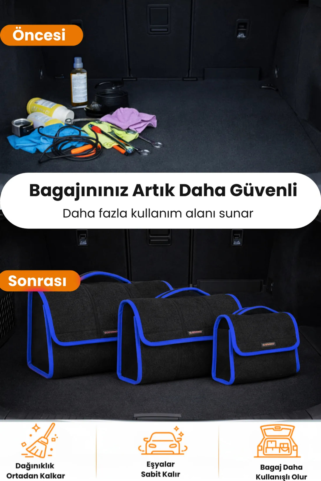 Oto Bagaj Çantası 3'lü Kombo Boy Kaymaz Cırt Bantlı Velur Kompakt Düzenleyici