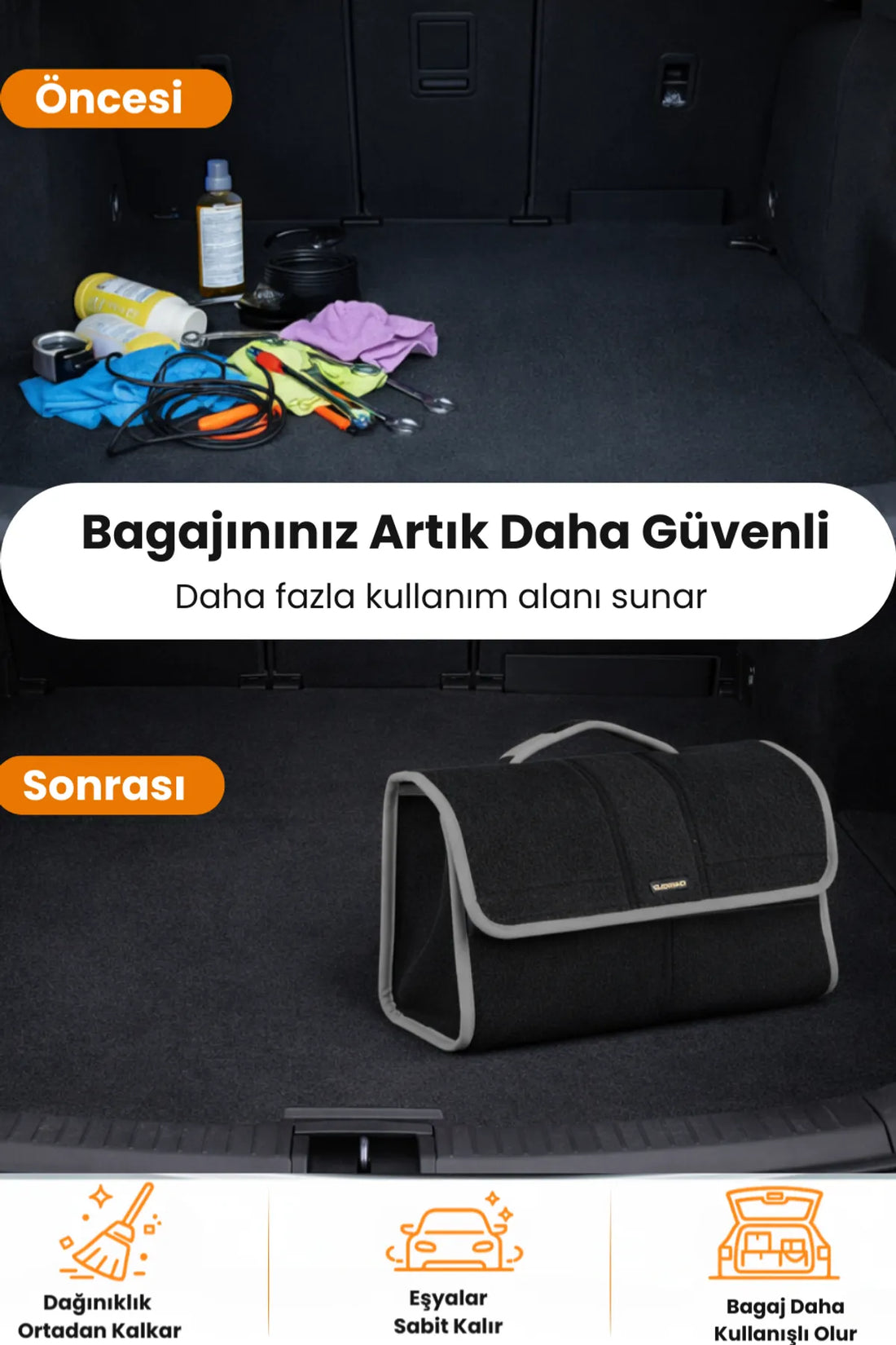 Oto Bagaj Çantası L Boy Kaymaz Cırt Bantlı Velur Kompakt Düzenleyici
