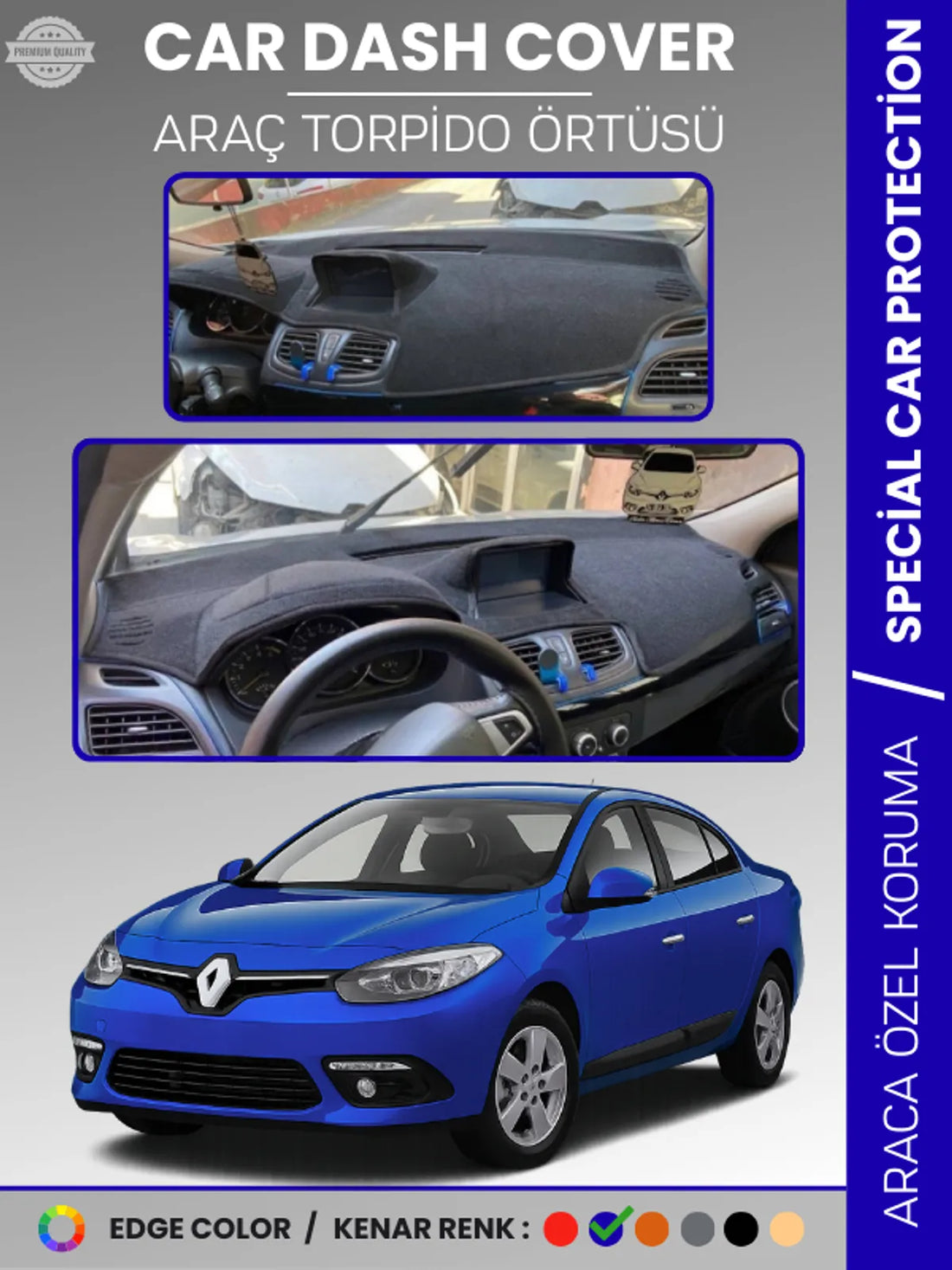 RENAULT FLUENCE NAVİGASYONLU BÜYÜK EKRANLI (2013-2016) Uyumlu Torpido Örtüsü Araca Özel Ön Göğüs Koruma