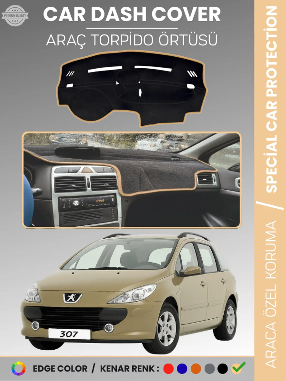 PEUGEOT 307 (2001-2008) Uyumlu Torpido Örtüsü Araca Özel Ön Göğüs Koruma
