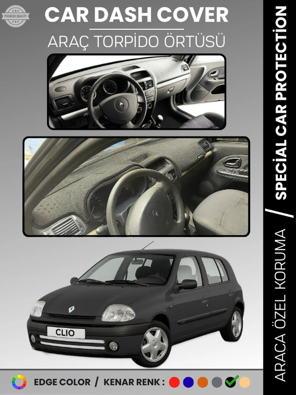 RENAULT CLIO 2 EKRANLI + ÇUKURLU (2001-2012) Uyumlu Torpido Örtüsü Araca Özel Ön Göğüs Koruma