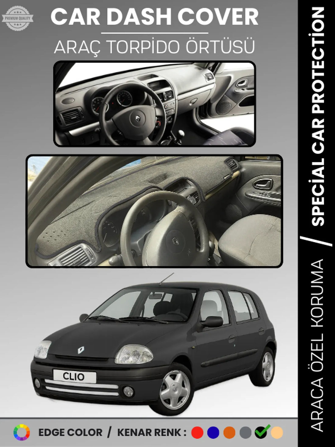 RENAULT CLIO 2 EKRANLI + ÇUKURLU (2001-2012) Uyumlu Torpido Örtüsü Araca Özel Ön Göğüs Koruma