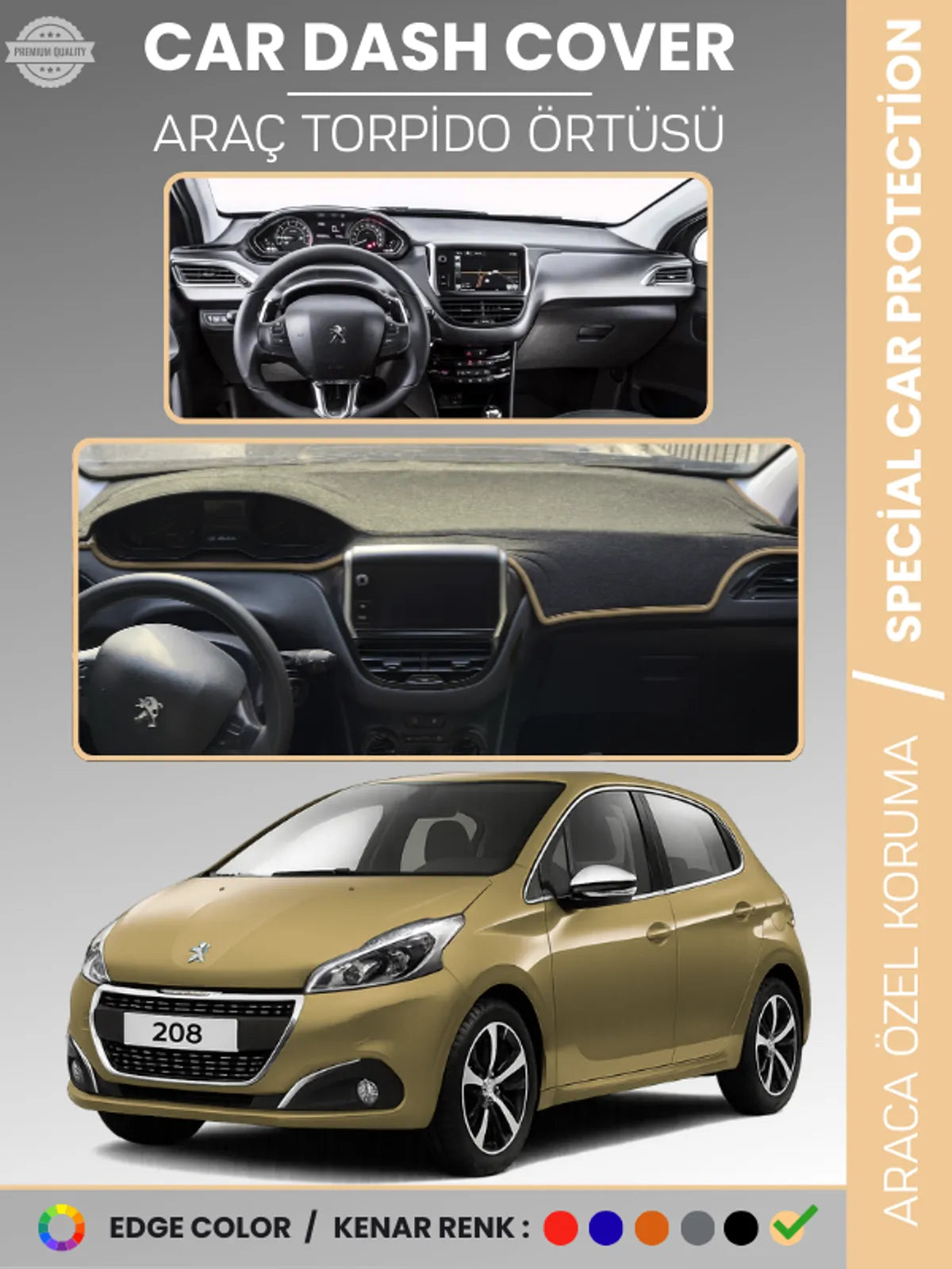 PEUGEOT 208 (2012-2019) Uyumlu Torpido Örtüsü Araca Özel Ön Göğüs Koruma