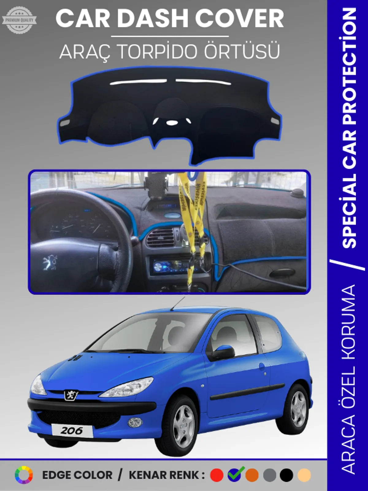 PEUGEOT 206 BÜYÜK EKRAN (1998-2003) Uyumlu Torpido Örtüsü Araca Özel Ön Göğüs Koruma