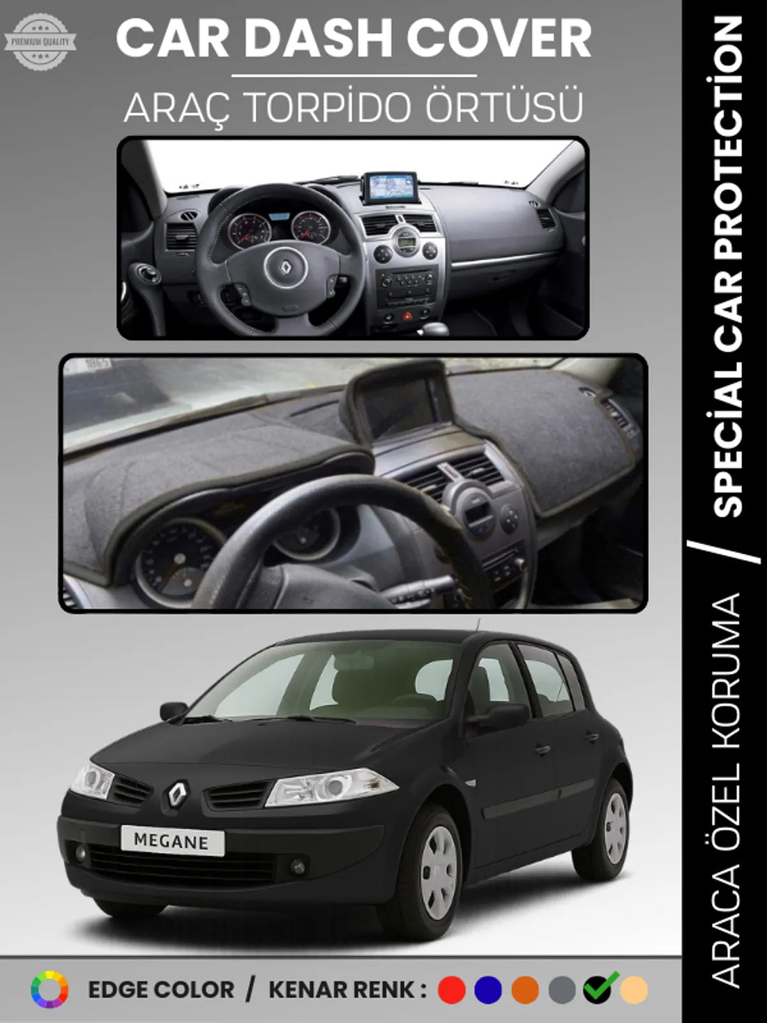 RENAULT MEGANE 2 NAVİGASYONLU BÜYÜK EKRAN (2003-2009) Uyumlu Torpido Örtüsü Araca Özel Ön Göğüs Koruma