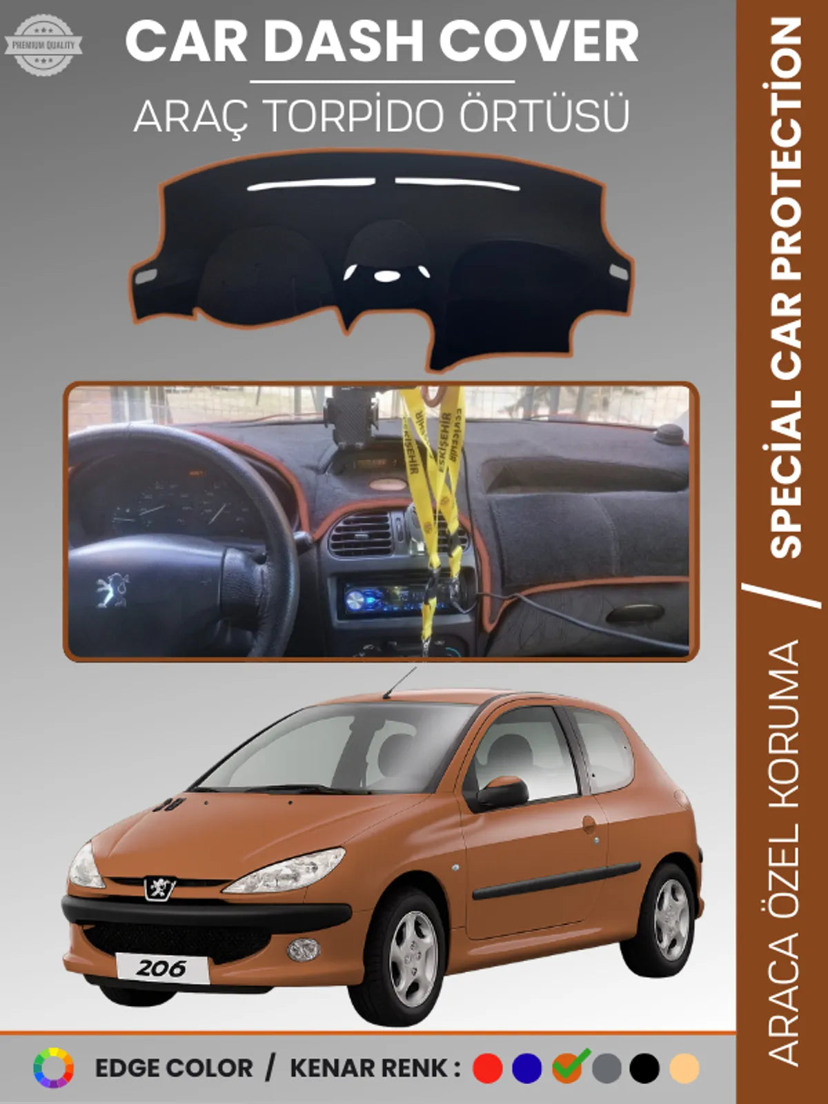 PEUGEOT 206 BÜYÜK EKRAN (1998-2003) Uyumlu Torpido Örtüsü Araca Özel Ön Göğüs Koruma
