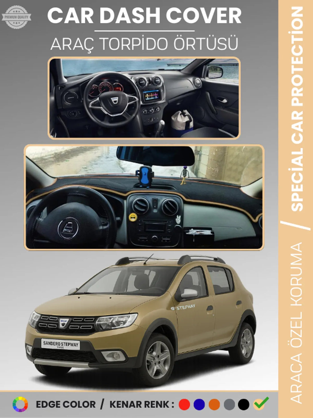 DACIA SANDERO STEPWAY (2015-2021) Uyumlu Torpido Örtüsü Araca Özel Ön Göğüs Koruma