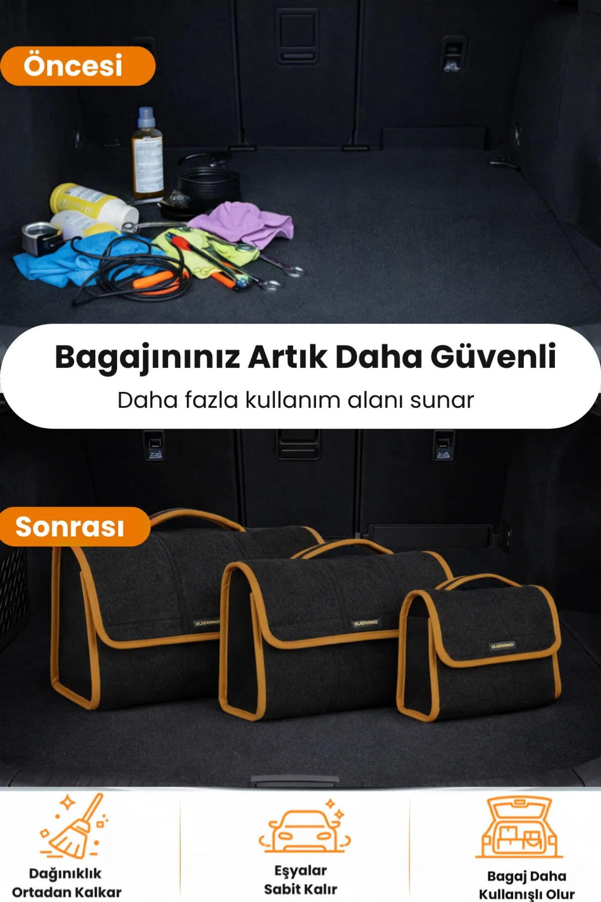 Oto Bagaj Çantası 3'lü Kombo Boy Kaymaz Cırt Bantlı Velur Kompakt Düzenleyici