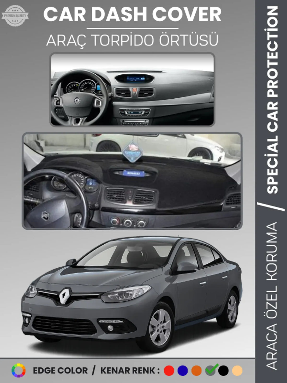 RENAULT FLUENCE NAVİGASYONSUZ KÜÇÜK EKRANLI (2009-2013) Uyumlu Torpido Örtüsü Araca Özel Ön Göğüs Koruma