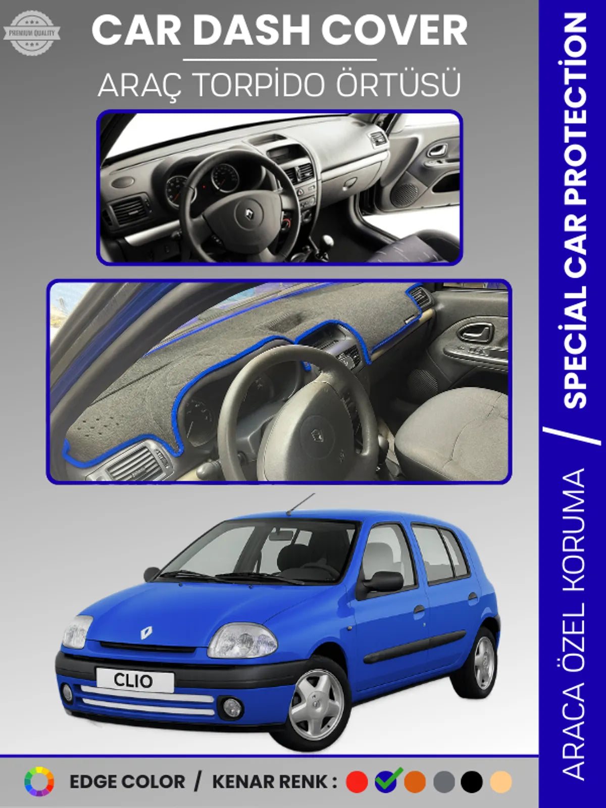 RENAULT CLIO 2 EKRANLI + ÇUKURLU (2001-2012) Uyumlu Torpido Örtüsü Araca Özel Ön Göğüs Koruma