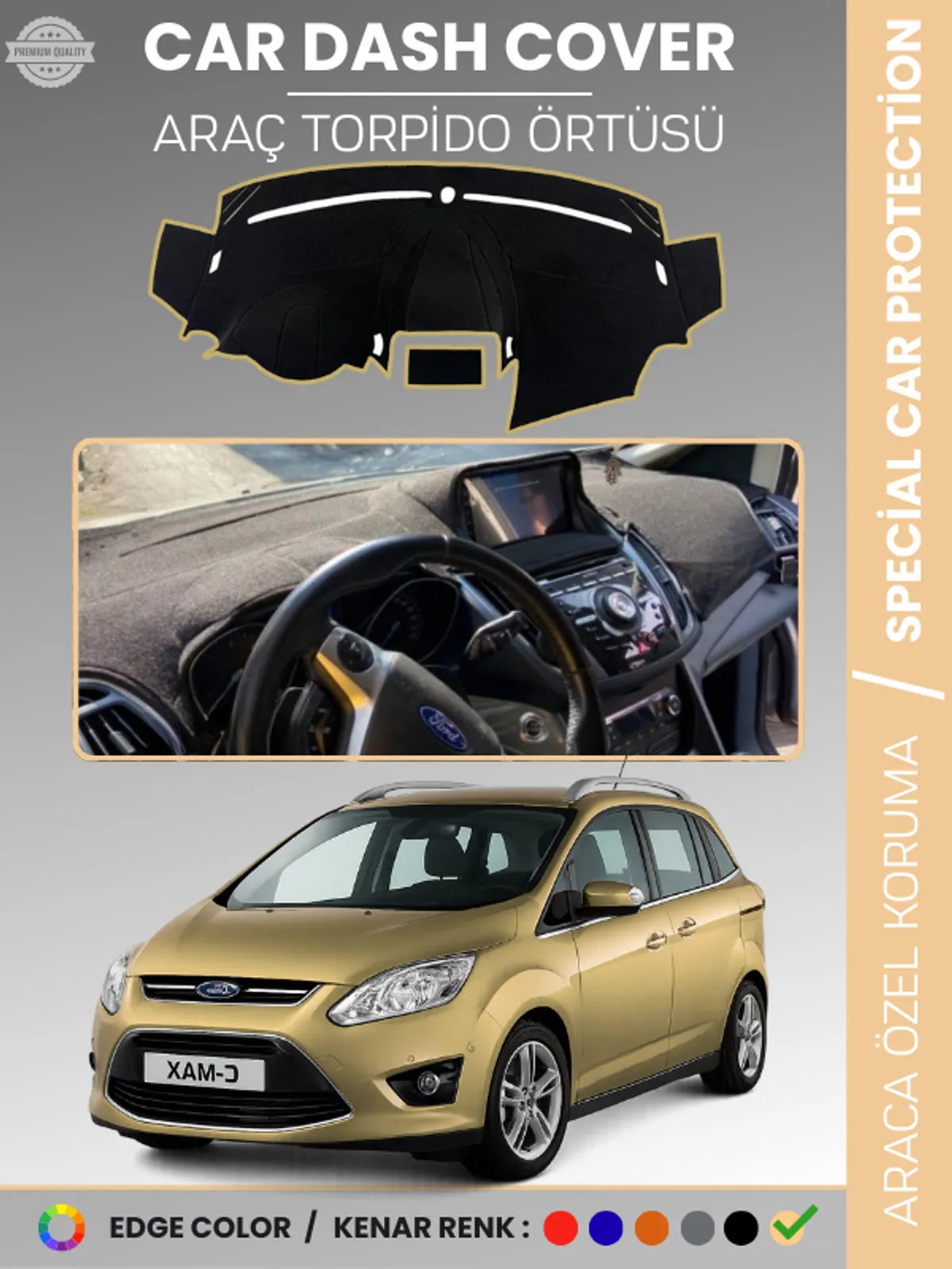 FORD C-MAX DOUBLE EKRAN (2010-2014) Uyumlu Torpido Örtüsü Araca Özel Ön Göğüs Koruma
