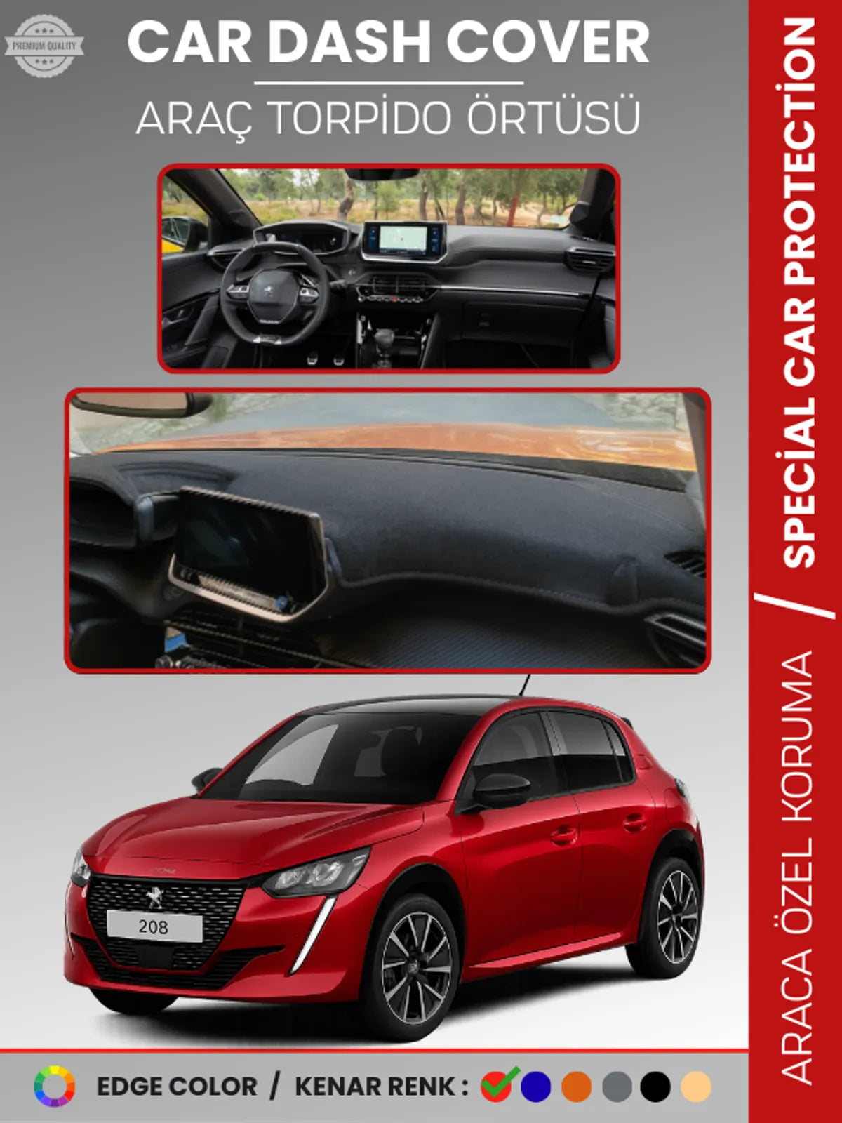 PEUGEOT 208 (2019-2025) Uyumlu Torpido Örtüsü Araca Özel Ön Göğüs Koruma