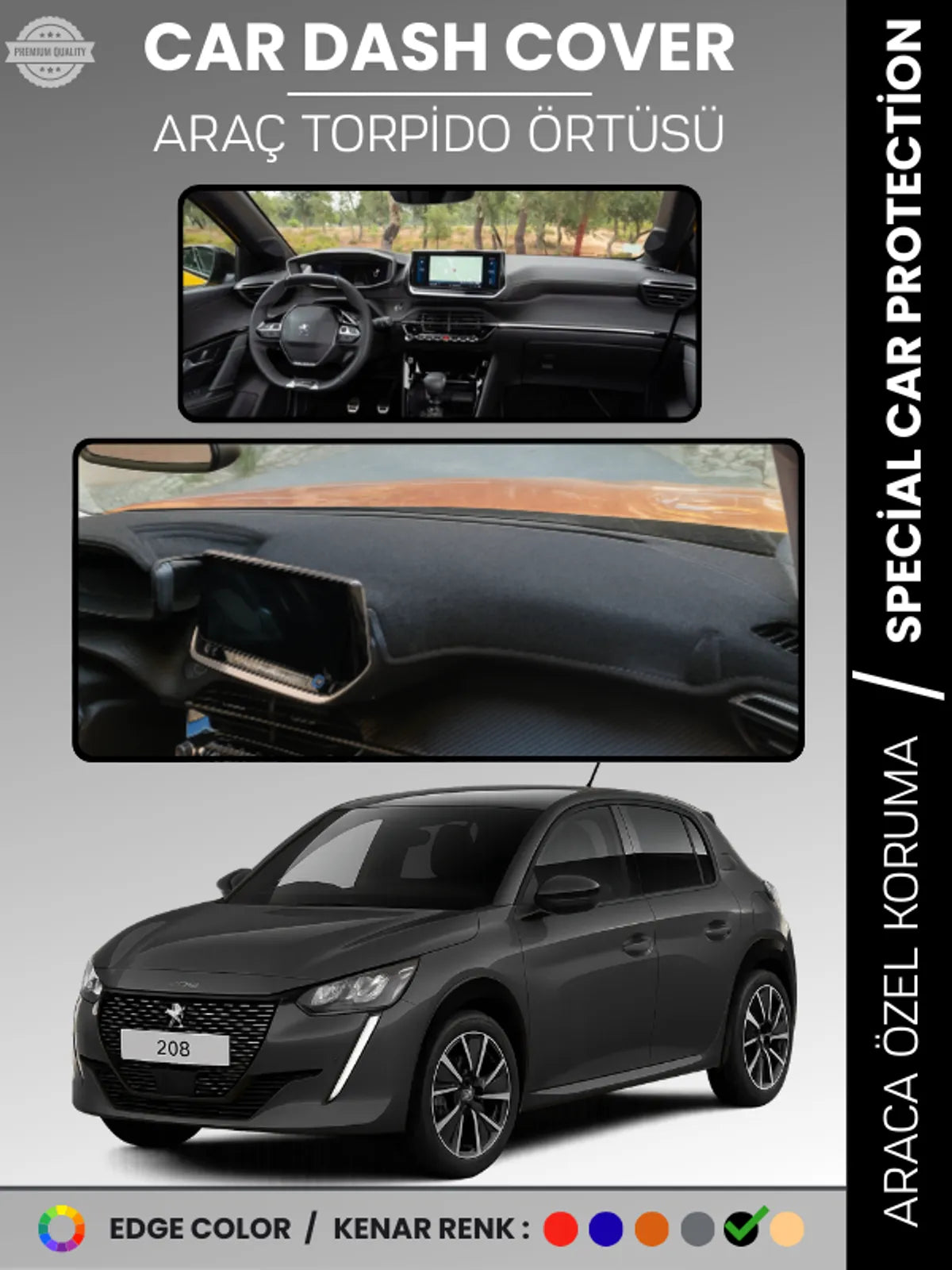 PEUGEOT 208 (2019-2025) Uyumlu Torpido Örtüsü Araca Özel Ön Göğüs Koruma