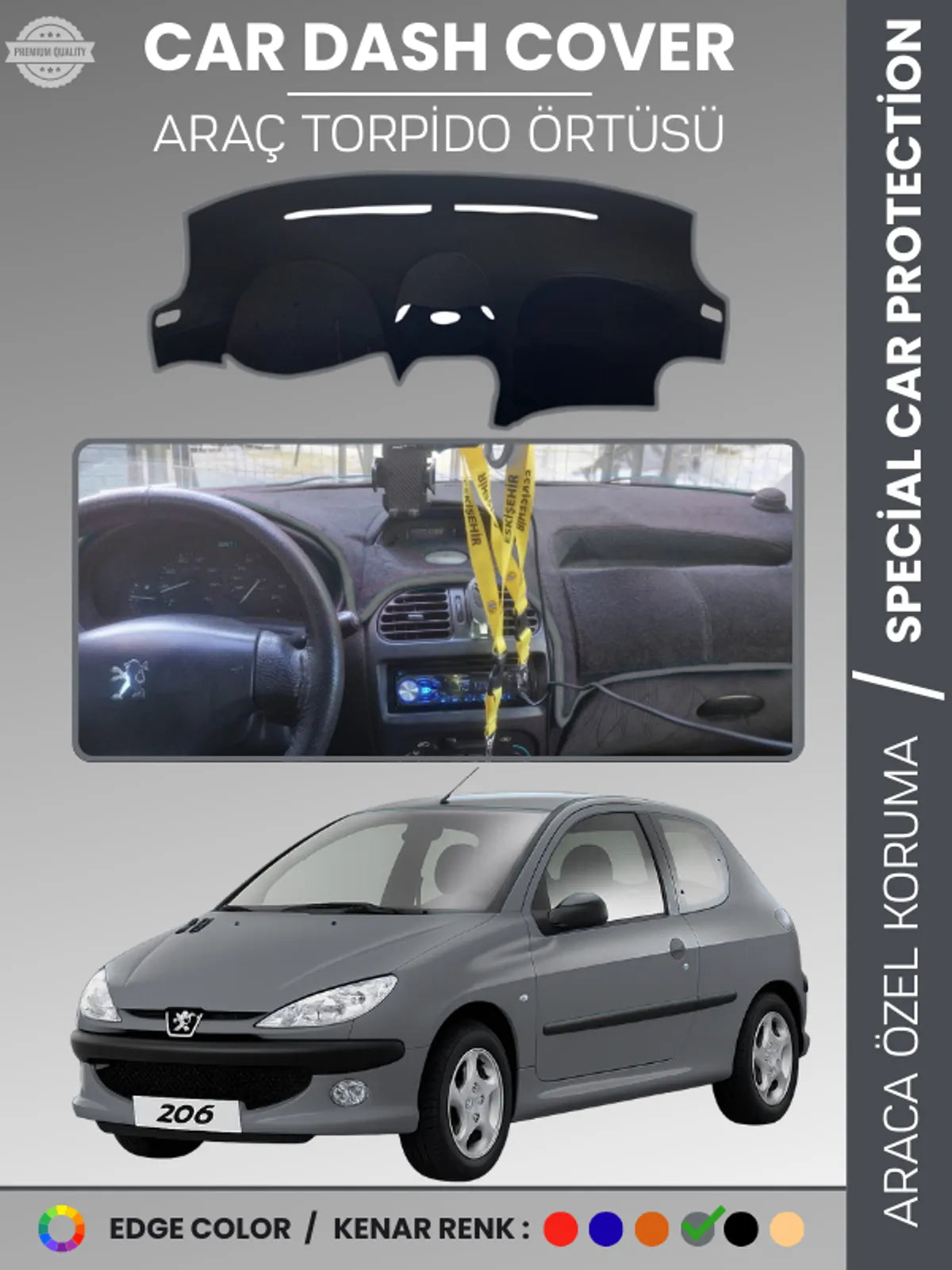 PEUGEOT 206 BÜYÜK EKRAN (1998-2003) Uyumlu Torpido Örtüsü Araca Özel Ön Göğüs Koruma