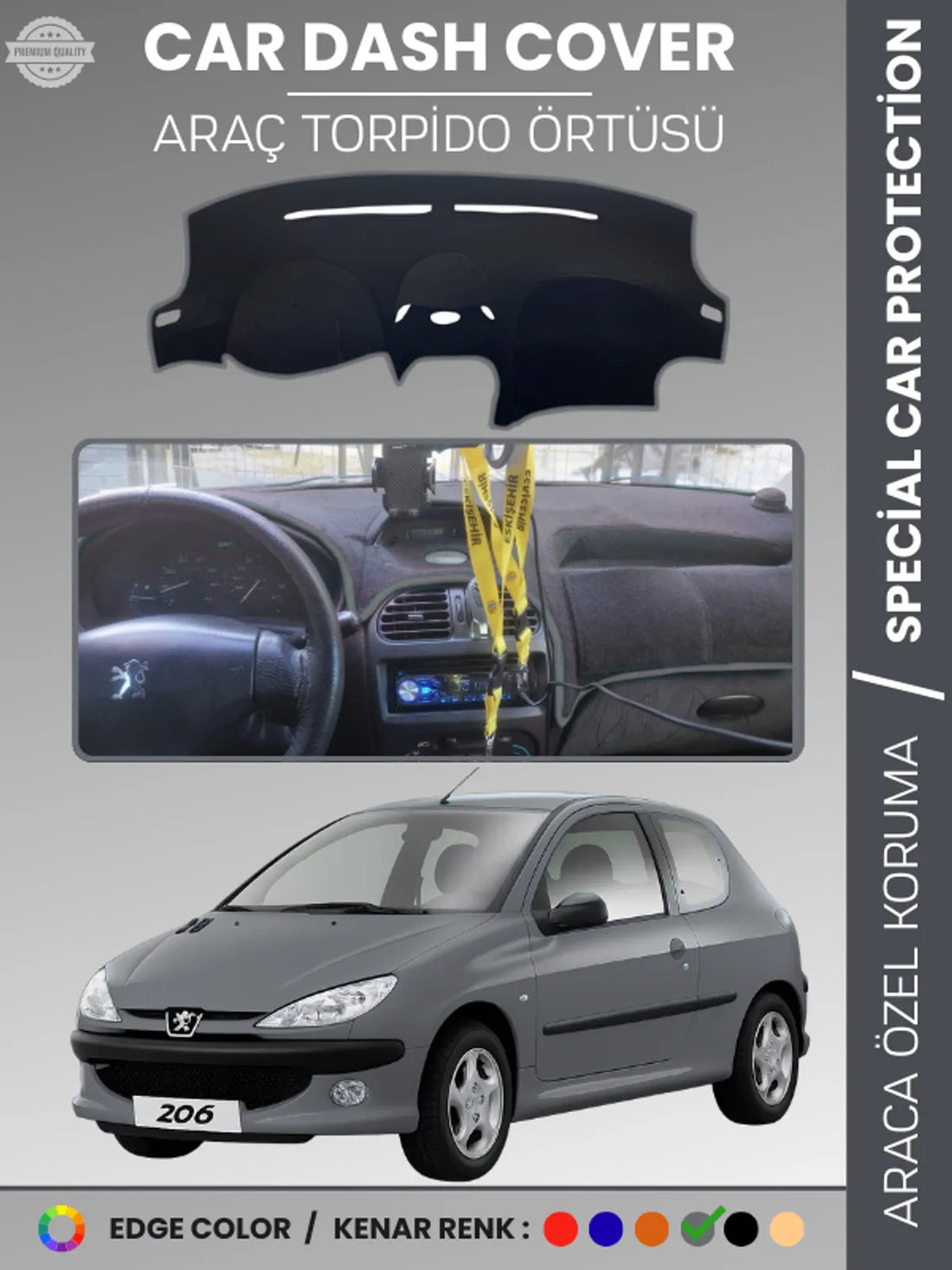 PEUGEOT 206 BÜYÜK EKRAN (1998-2003) Uyumlu Torpido Örtüsü Araca Özel Ön Göğüs Koruma