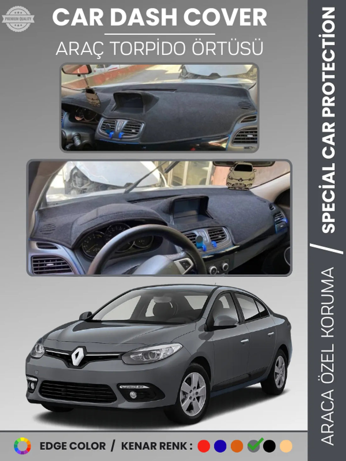 RENAULT FLUENCE NAVİGASYONLU BÜYÜK EKRANLI (2013-2016) Uyumlu Torpido Örtüsü Araca Özel Ön Göğüs Koruma