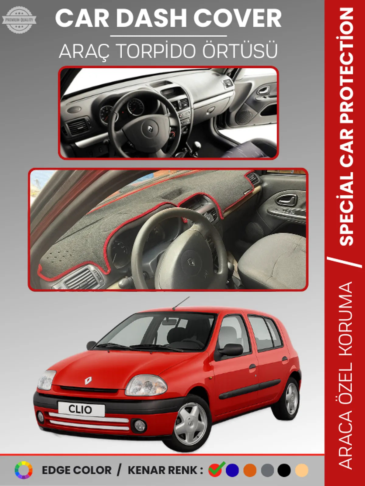 RENAULT CLIO 2 EKRANLI + ÇUKURLU (2001-2012) Uyumlu Torpido Örtüsü Araca Özel Ön Göğüs Koruma