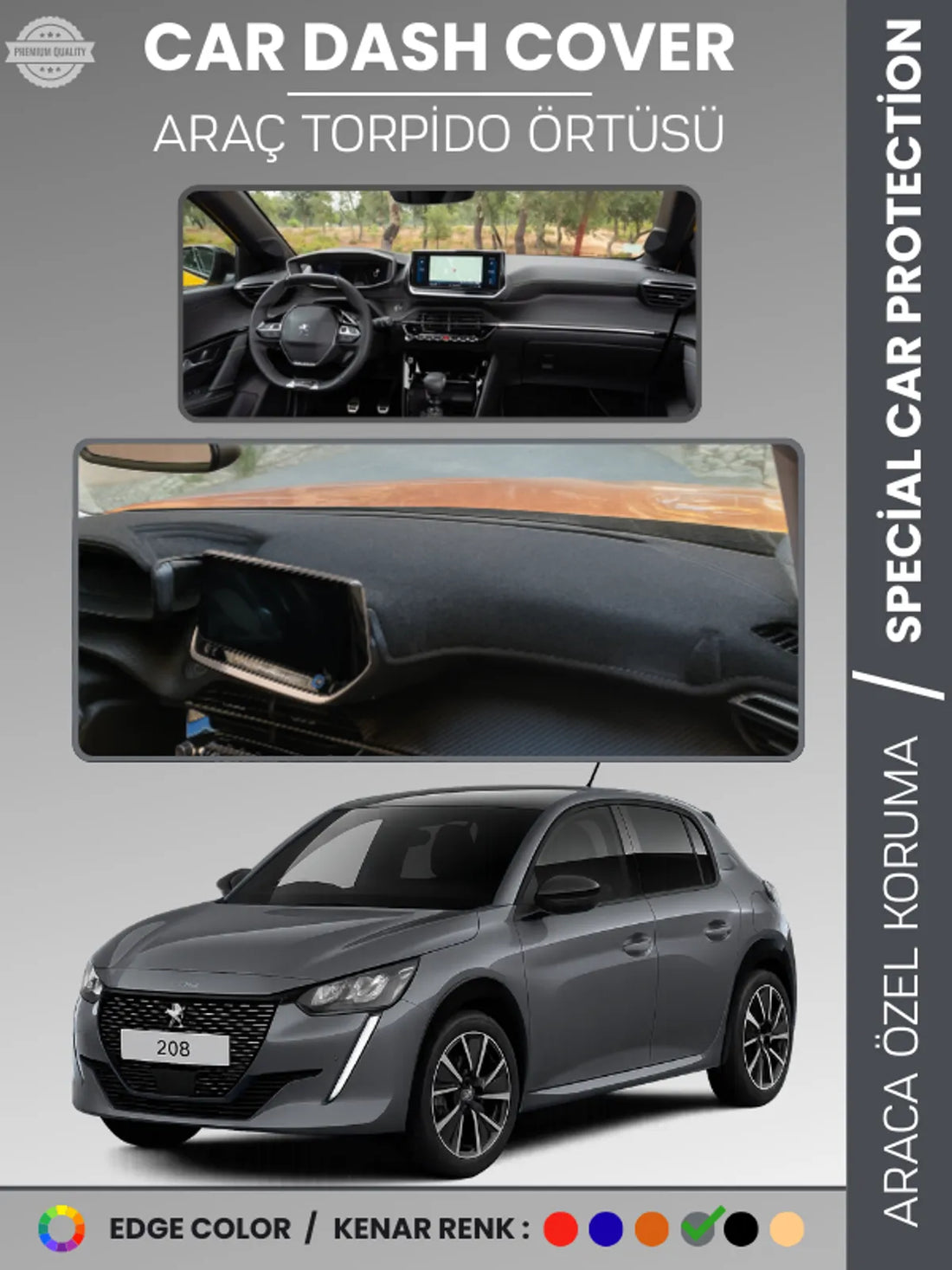PEUGEOT 208 (2019-2025) Uyumlu Torpido Örtüsü Araca Özel Ön Göğüs Koruma
