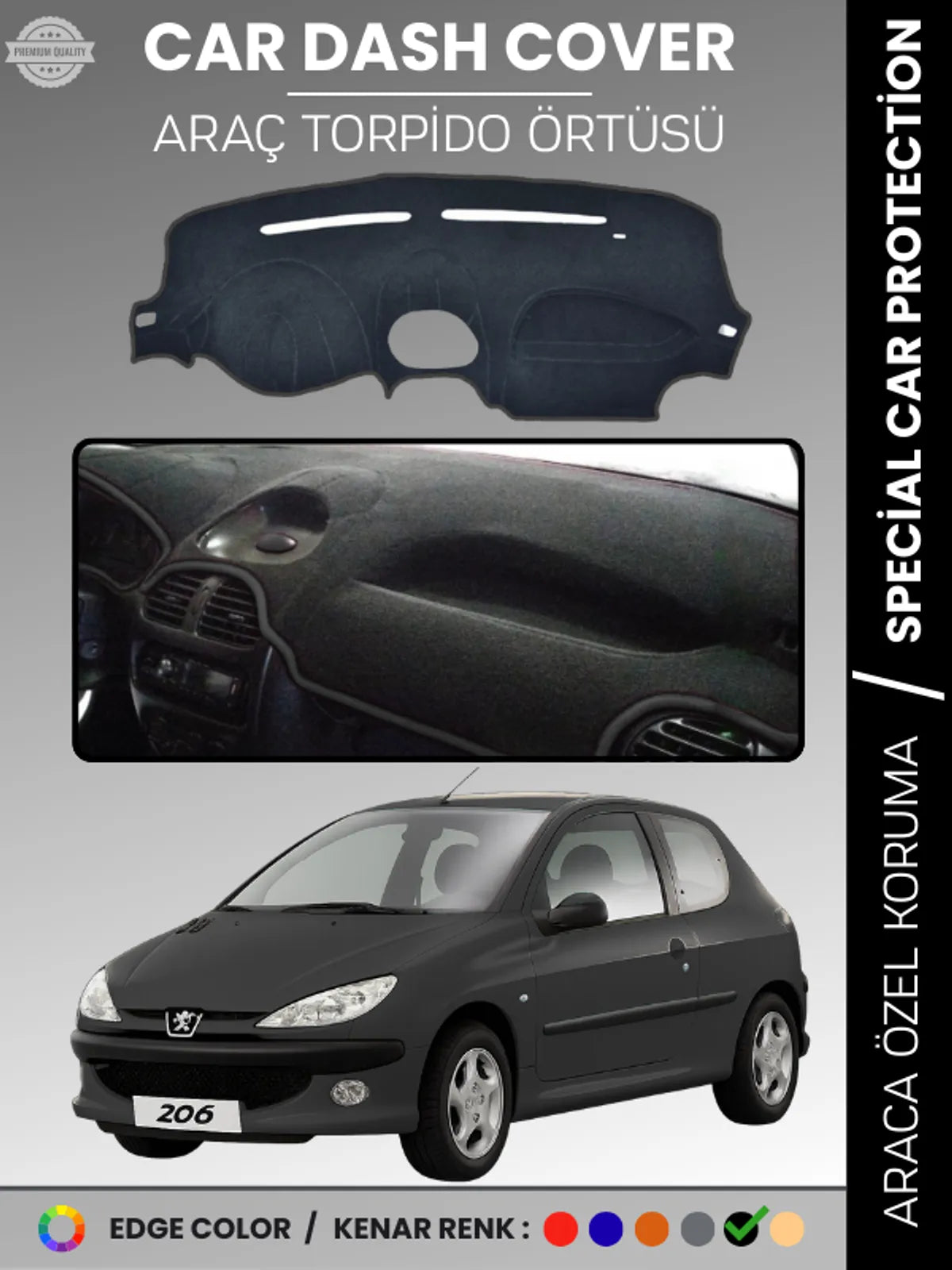 PEUGEOT 206 KÜÇÜK EKRAN (1998-2003) Uyumlu Torpido Örtüsü Araca Özel Ön Göğüs Koruma