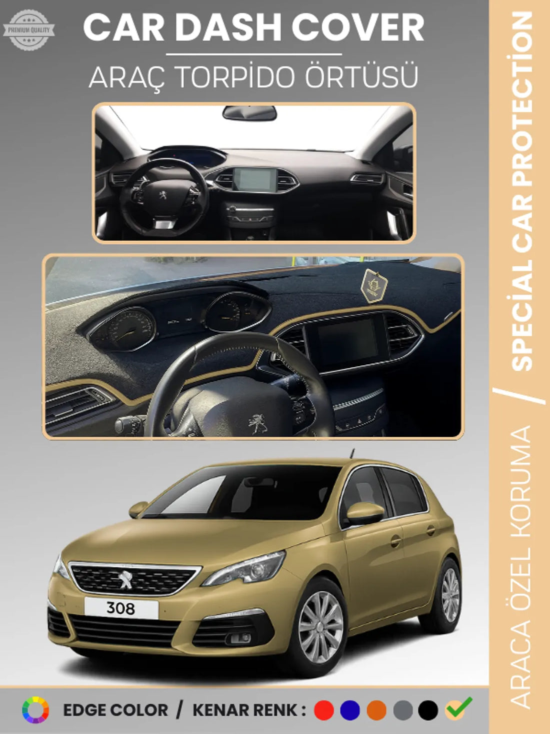PEUGEOT 308 (2020+) Uyumlu Torpido Örtüsü Araca Özel Ön Göğüs Koruma