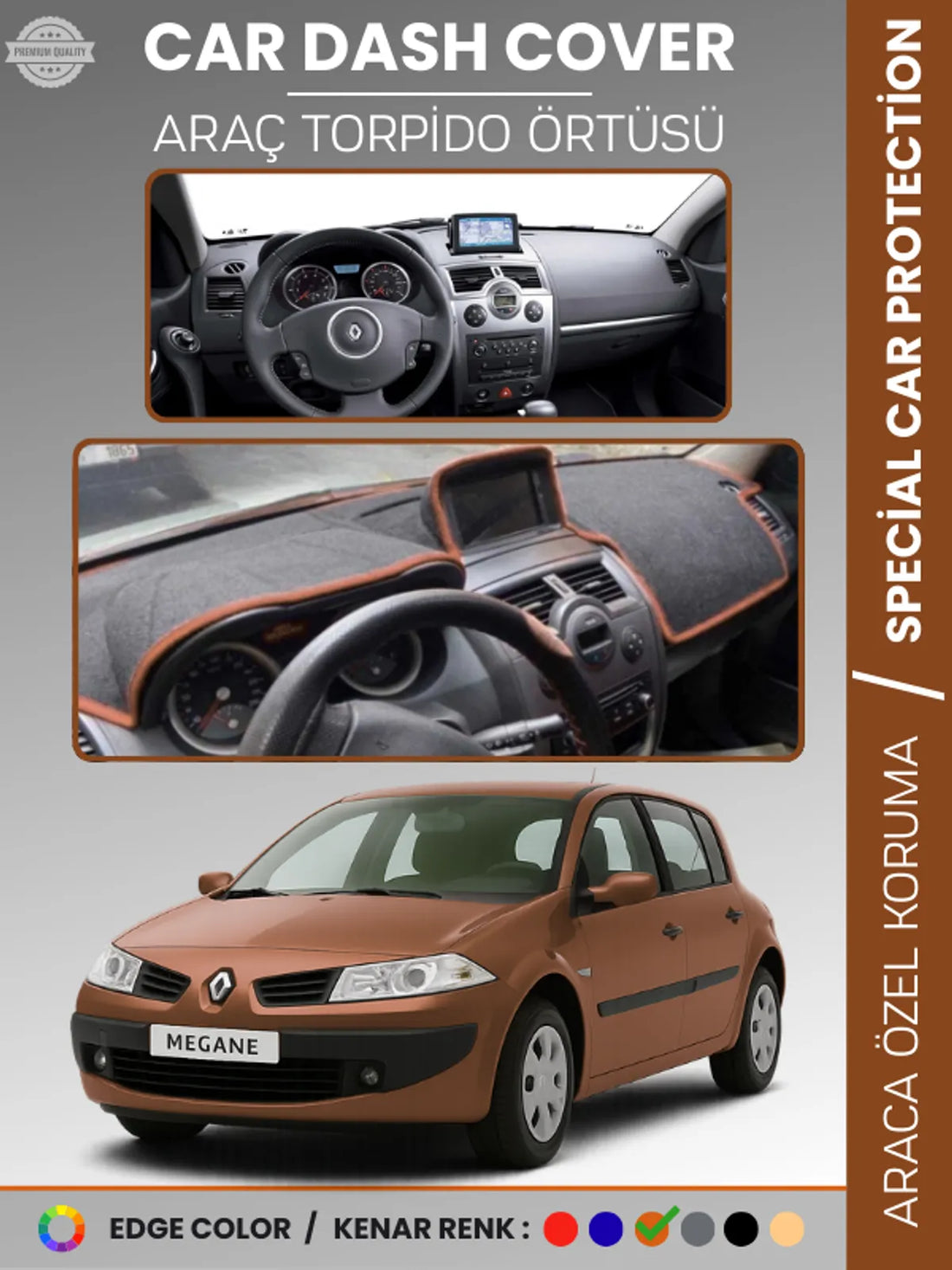 RENAULT MEGANE 2 NAVİGASYONLU BÜYÜK EKRAN (2003-2009) Uyumlu Torpido Örtüsü Araca Özel Ön Göğüs Koruma